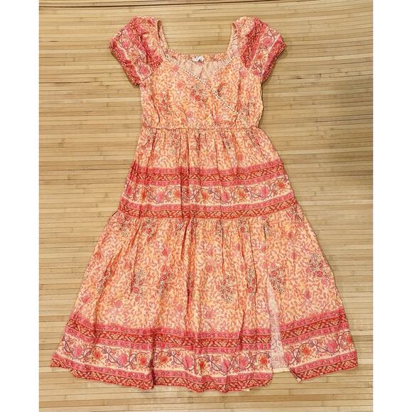 Lucky Brand Floral Midi Dress Women’s L Tiered Peach Orange Block Print Boho - Picture 5 of 14